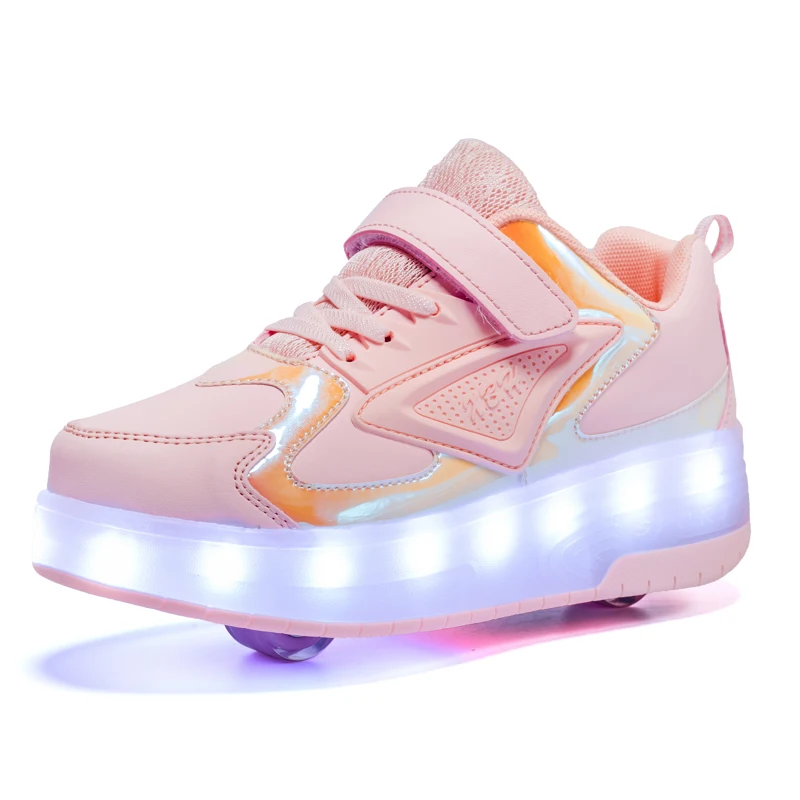 

Children Four Wheels Luminous Glowing Sneakers Kids Led Shoes Boys Girls USB Charging 41 Black Pink Led Light Roller Skate Shoes