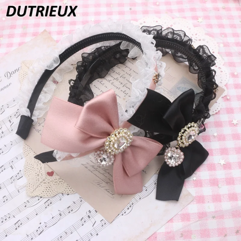 

Japanese Handmade Sweet Cute Hair Accessories Lace Mine Sweet Cool Heart Shape Rhinestone Bow Lolita Headband Hairbands