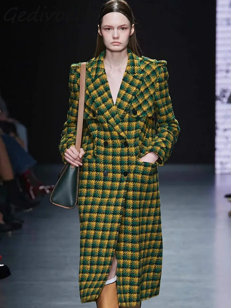 

Gedivoen Winter Fashion Designer Vintage Plaid Blends Coat Women's Lapel Double Breasted Pocket High Waist Slim Long Blends Coat