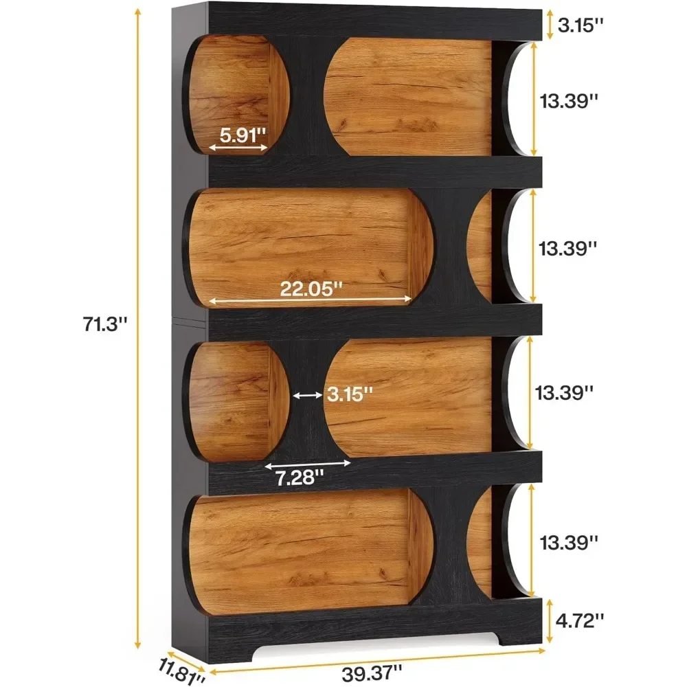 71" hoge boekenkast, 4-laags S-vormige boekenplank, houten decoratieve opbergplanken, moderne vrijstaande displayplanken