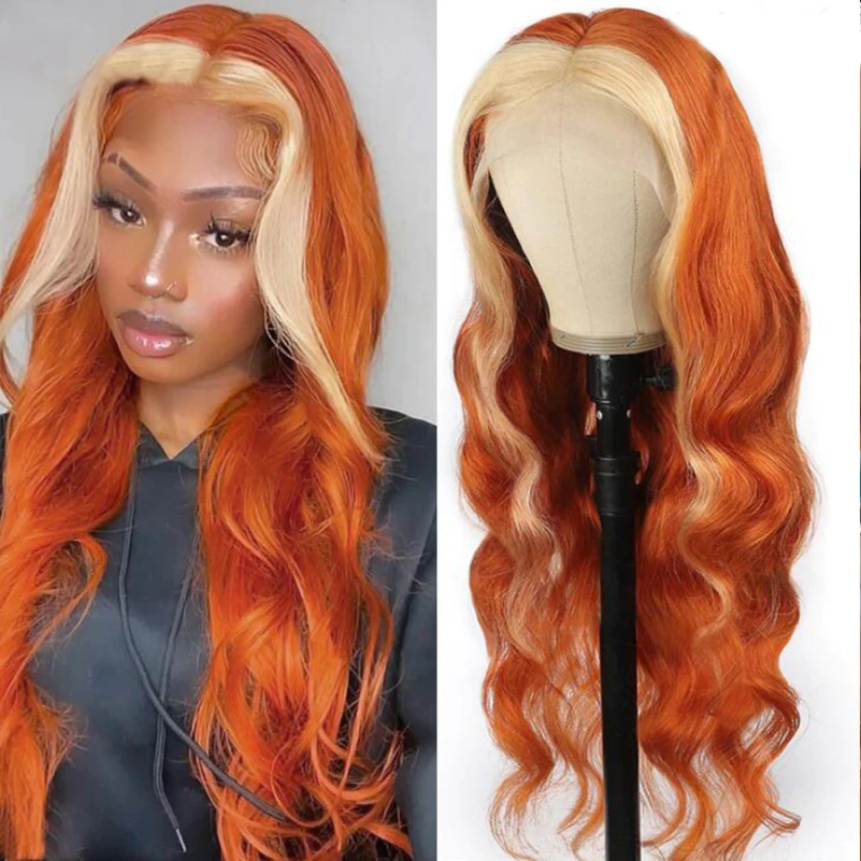 

Synthetic Lace Front Wig Highlight Orange Glueless Wigs for Women Blonde Stripe Long Body Wave Cosplay Heat Resistant Fiber Hair