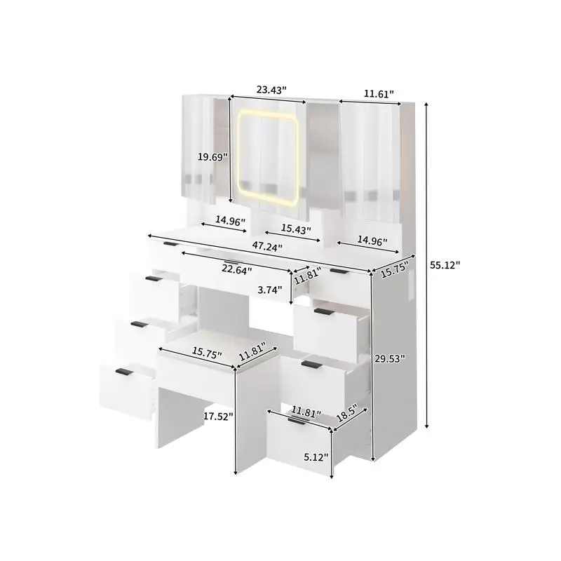 مجموعة زينة كبيرة مع 3 مرايا وأضواء LED، طاولة مكياج مع أدراج تخزين ورفوف، مقعد مبطن لغرفة النوم، أبيض #4