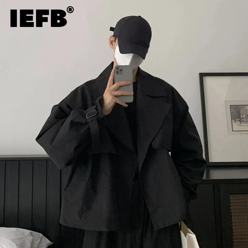 IEFB New Darkwear Men\'s Windbreaker Casual Lapel Belt Solid Color Coat Loose Autumn Korean Style Male Short Trench Winter 9C8271