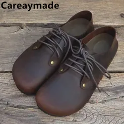 Careaymade-Genuine Leather women's single shoes cork low top shoes Crazy Horse Cowhide retro big head flat shoes big size 35-45