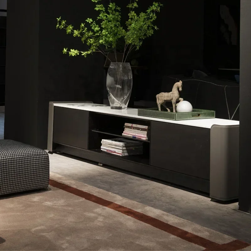 Luxury Home Furniture Saddle Leather Marble TV Cabinet Coffee Table
