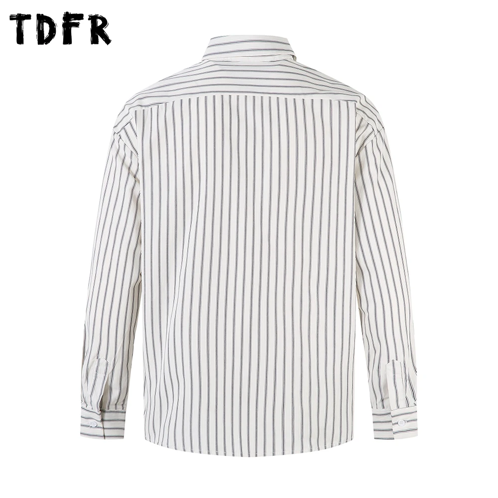 Pocket Vertical Stripes Shirts Mens Autumn Casual Loose Single Breasted Lapel Long Sleeve Shirts Man