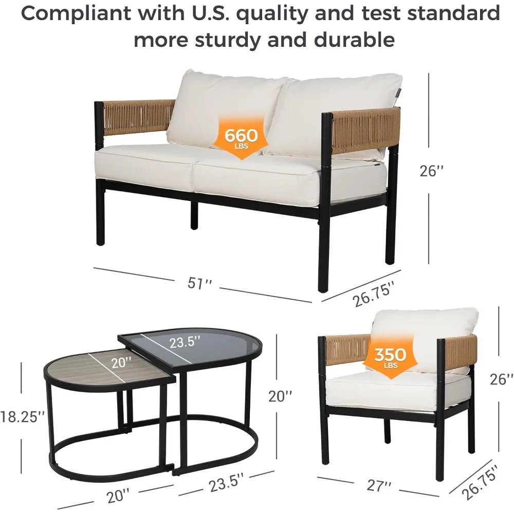 5-Piece Outdoor Furniture Set with Thick Cushions and Coffee Table, Wicker Sofa Conversation Set for Backyard, Natural