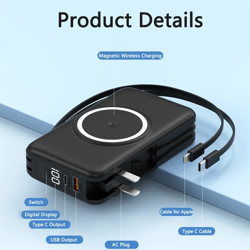 20000mAh Magsafe Power Bank Wall Charger Magnetic Wireless Charger Powerbank for iPhone 16 Xiaomi Samsung Travel Spare Battery view 5