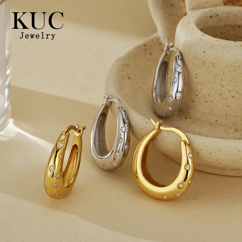 Minimalist Casual Vintage 925 Sterling Silver Fine Jewelry for Women Custom 18k Gold Plated Starburst Star Zircon Hoop Earrings