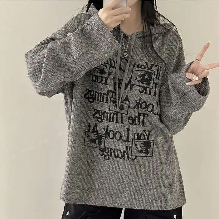 Letter Printed Hoodies Women Casual Loose Long Sleeve Hoodie Vintage Harajuku Trend Hooded Clothes Oversized Sweatshirt Coat
