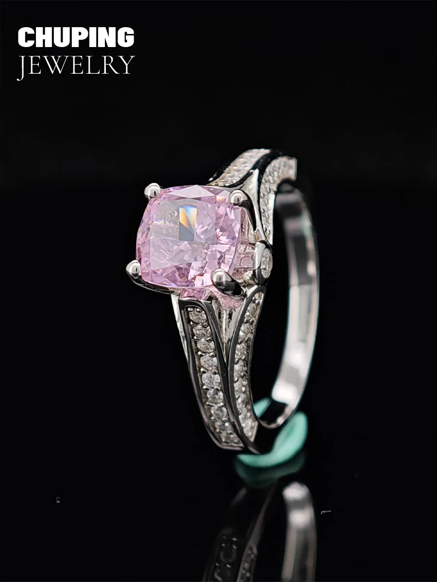 

ChuPing Fine Jewelry Pink & Yellow Crushed Ice Cut Cubic Zircon Cushion Shape S925 Ring For Valentine's Day Anniversary Gift