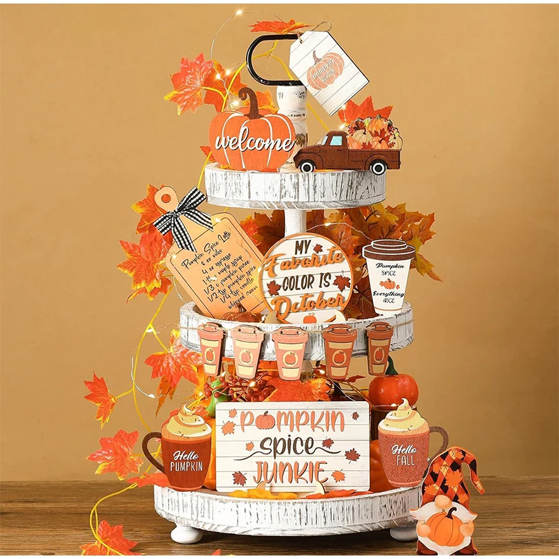 Fall Harvest Wooden Tiered Tray Decor Thanksgiving Desktop Decoration Centerpieces With Pumpkin Spice And Maple Leaf Accents