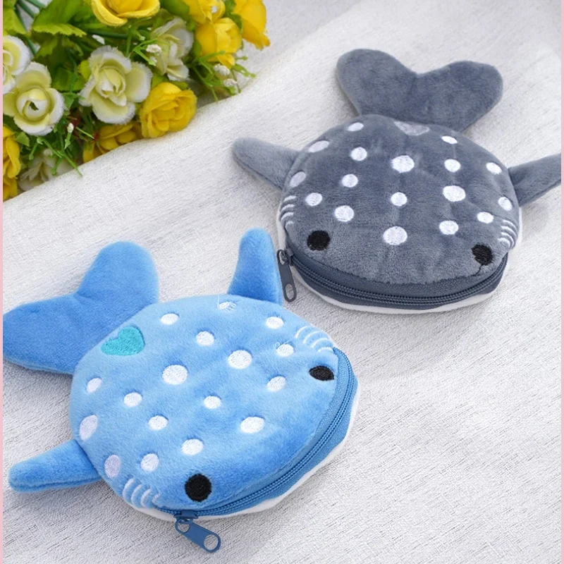 Cute Shark Coin Purse Soft Plush Zipper Small Wallet for Kids Teens Girls Data Cables Earphones Bag Key Pouch Mini Clutch Bag