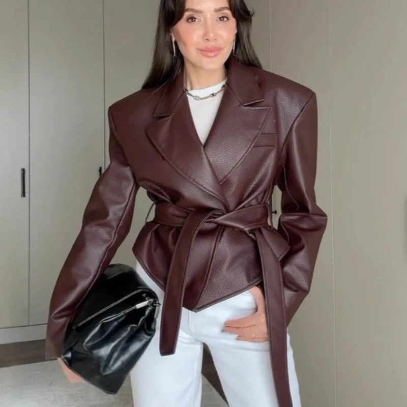 Elegant Lace Up Women Leather Jackets Spring Autumn PU Leather Bomber Jackets Chic Trench Coats Fashion Women Clothes Outerwears