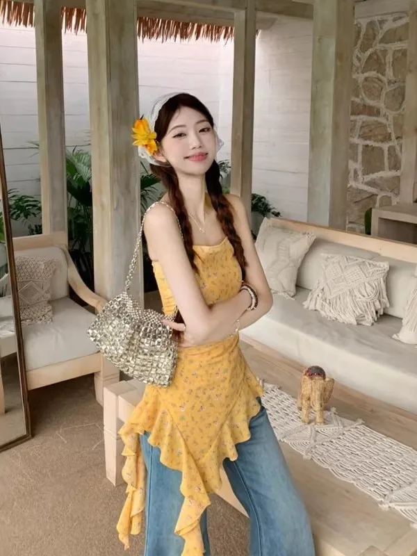 

Summer Floral Print Asymmetrical Belted Slim Fit Sleeveless Women's Tank Top Large Size Vacation Style Draped Strap Vest