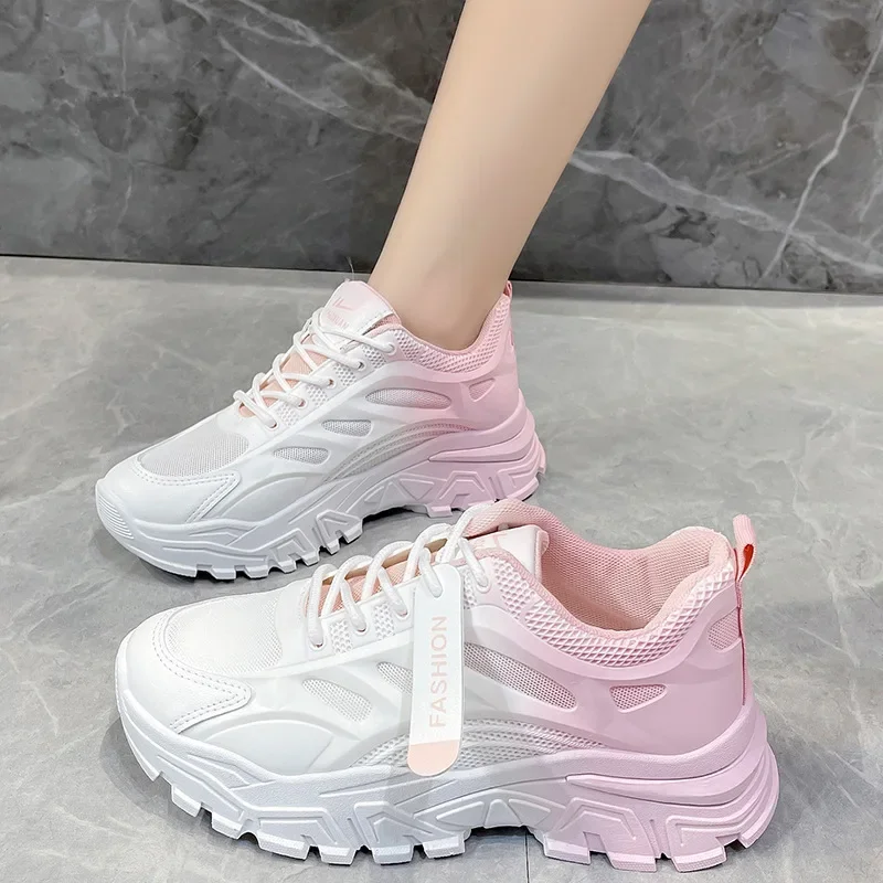 Spring/Autumn Women's Chunky Sneakers, Ombre Pink Lace-Up Vulcanized Shoes, Platform Increased Height Shoes For Women, Winter