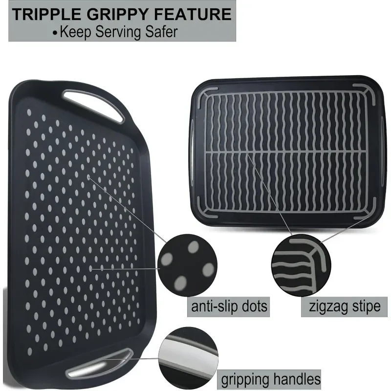 Large Nonslip Serving Tray with Handles, Silicone Grippy Dots Food Trays for Eating, Dishwasher Safe Lap Trays