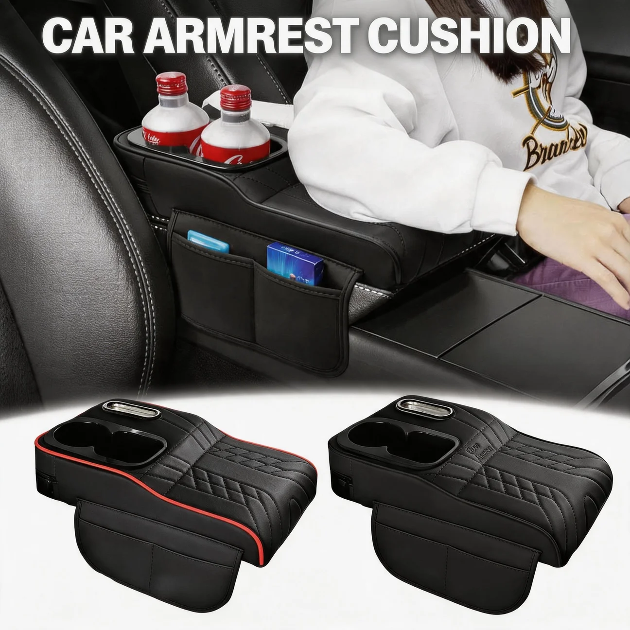 Car Armrest Cushion 4-in-1 Multi-Purpose Leather Storage Center Console Cover with Tissue Holder Cup Slot and Side Pockets