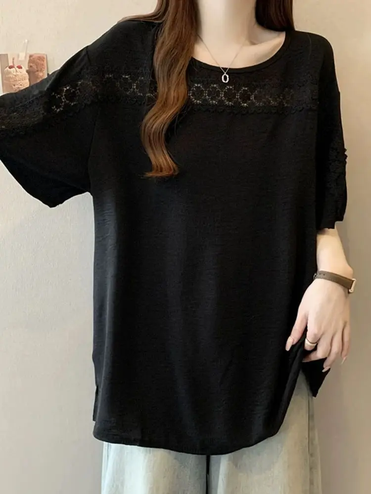 100KG PLUS ขนาดลูกไม้แขนสั้นเสื้อชีฟองผู้หญิงฤดูร้อนหลวมและขี้เกียจสไตล์เสื้อยืด TOP