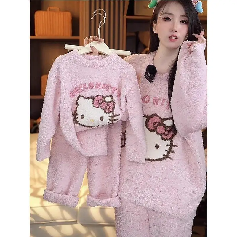 

Sanrio для девочек, 2 шт., пижамы с длинными рукавами для девочек «Hello Kitty», новый стиль, осенне-зимняя одежда, домашняя одежда, утолщенный флис, хит продаж