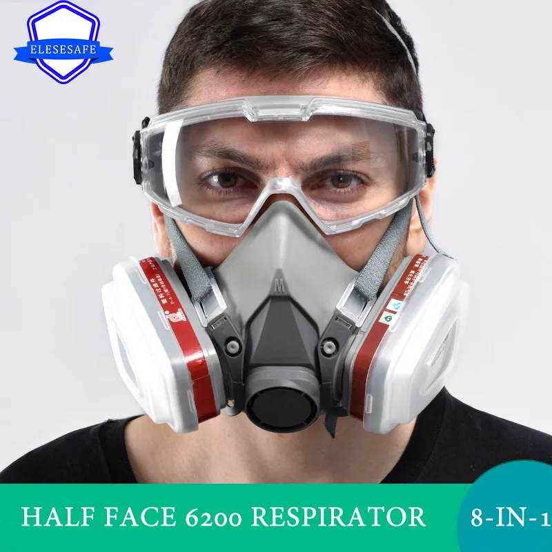 7-In-1 6200 Dust Gas Mask Half Face Reusable Respirator Dual Filters P-A-1 Safety Glasses For Painting Spraying Work Protection