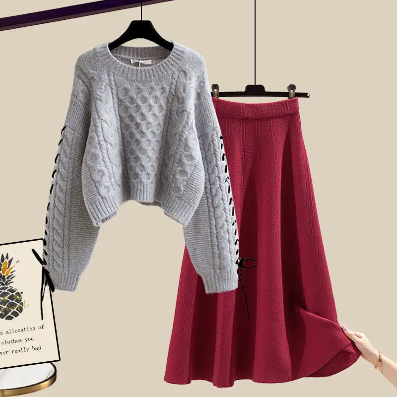 Conjunto de dos piezas de otoño e invierno para mujer, suéter suelto con reducción de edad, cintura alta, longitud media, media falda, edición coreana, nuevo