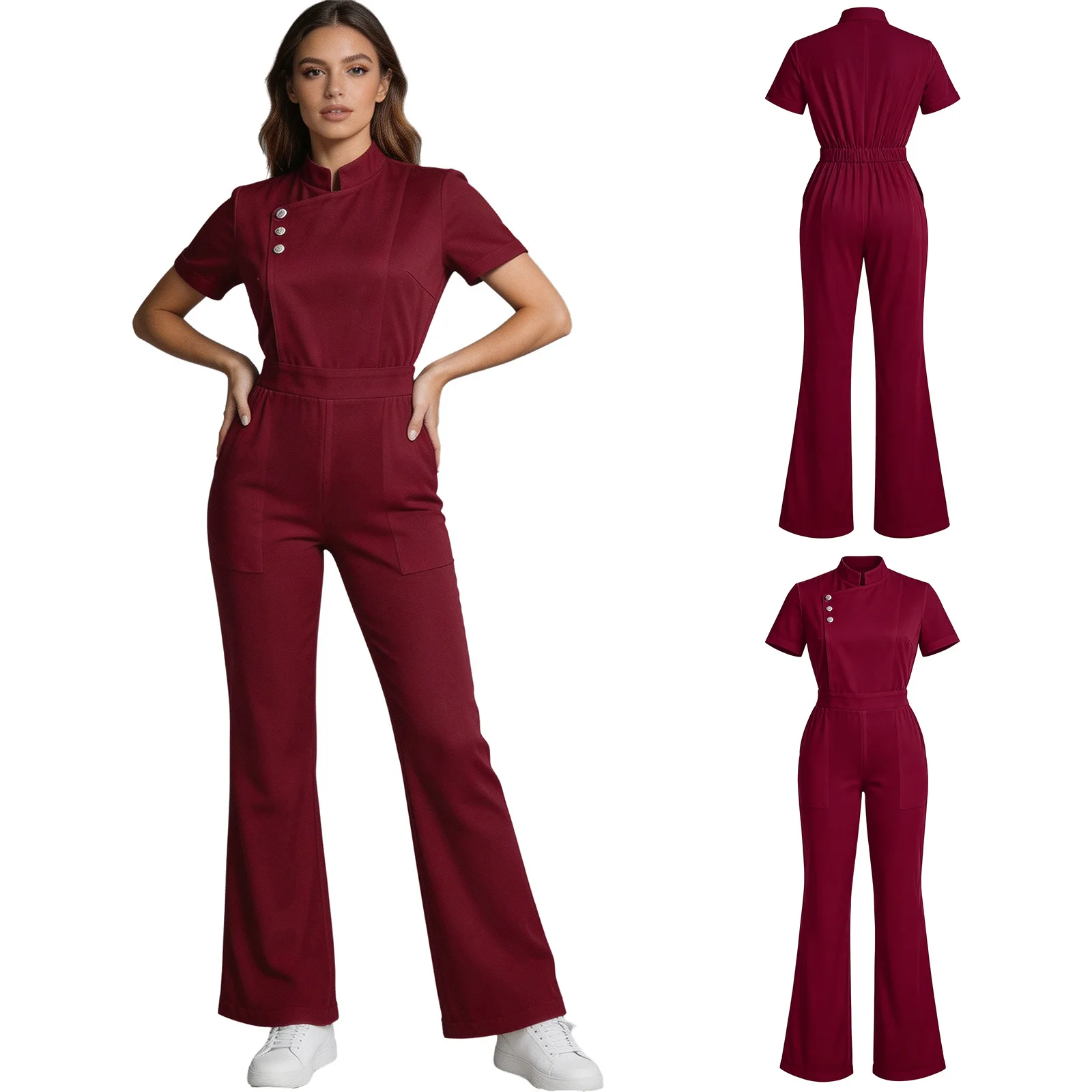 Womens Scrubs Jumpsuit Medical Uniform Short Sleeve Stand Collar Romper with Pockets for Medical Students and Residents Daily