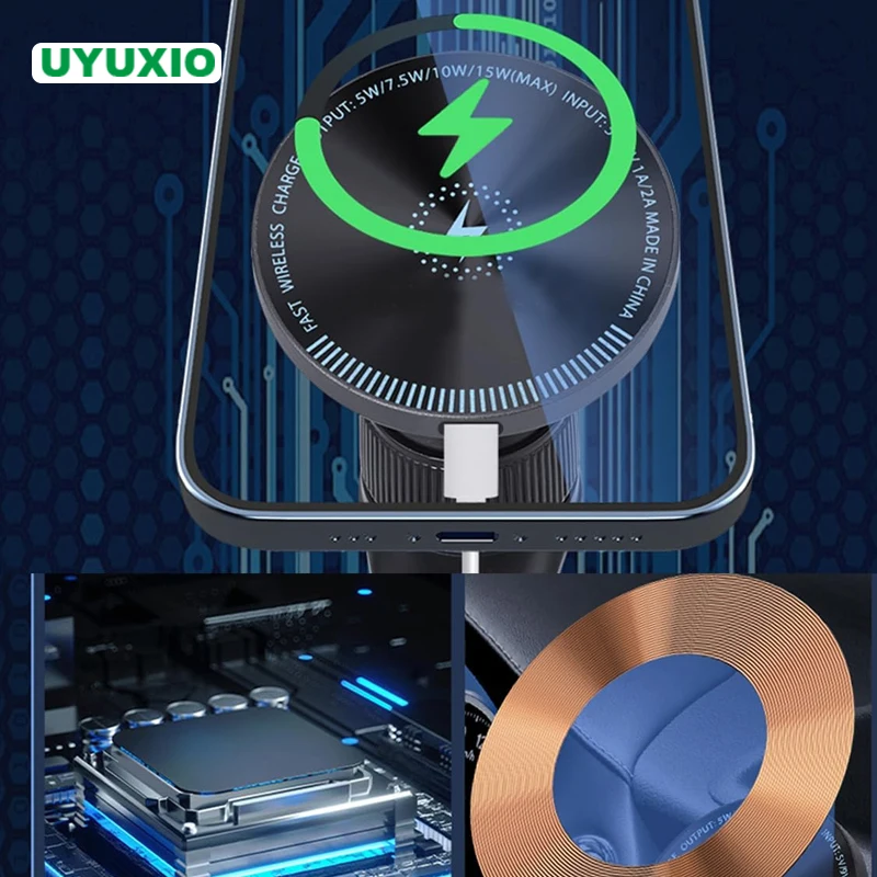 

Беспроводное магнитное автомобильное зарядное устройство UYUXIO 15 Вт с быстрой зарядкой, креплением на воздуховод и держателем для телефона с магнитом для iPhone 17, 16, 15