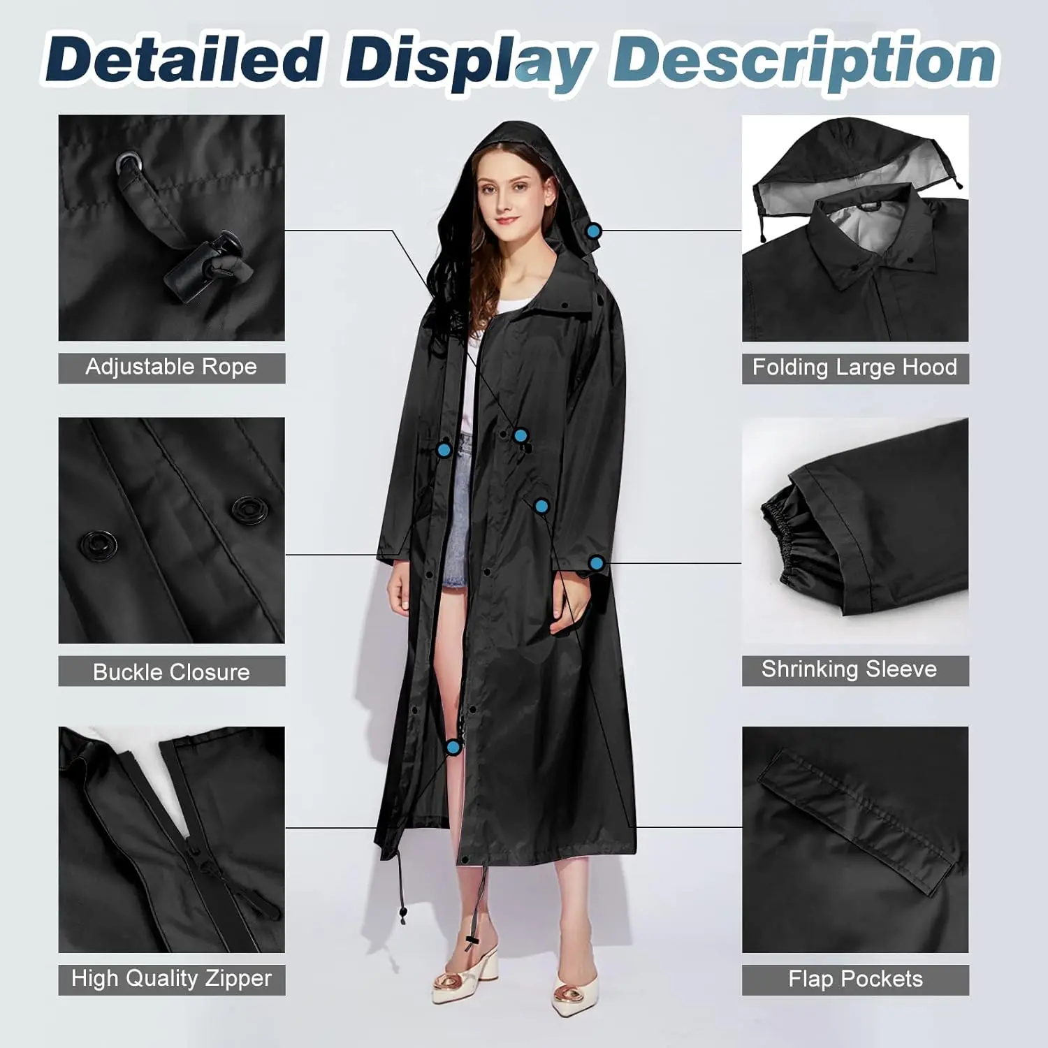 Womens Long Raincoats Rain Jacket Waterproof Packable Hooded Windbreaker Lightweight Adjustable Waist for Outdoor Capa De Chuva