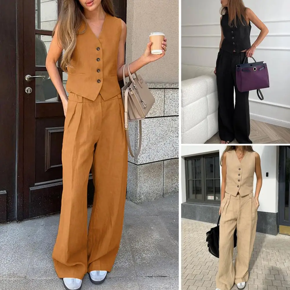 

Women Two-piece Suit Elastic Waist V-neck Vest Trousers Set Side Pockets Women's Vest Pants Set with V Neck Top for Commute Wear