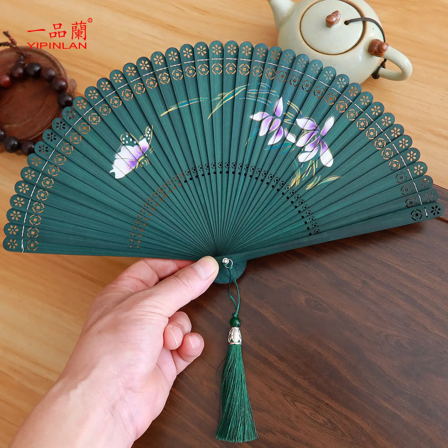 Carved Flower Pattern Bamboo Folding Fan with Tassel Portable Summer Cooling Daily Fan for Women Hanfu Cheongsam Chinese Gift