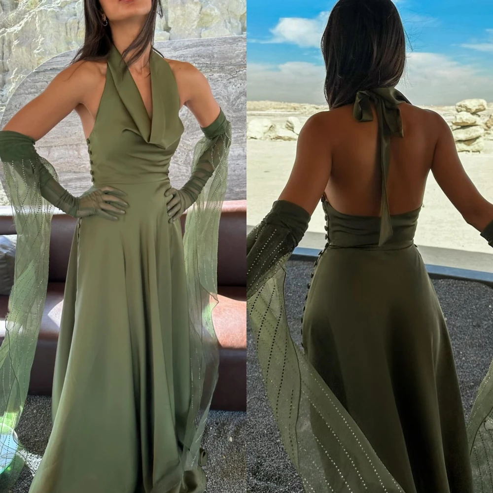 Vestido informal de satén con cuello Halter y lentejuelas, traje Sexy con botones, Espalda descubierta, largo hasta el suelo, a medida, para ocasiones de Graduación