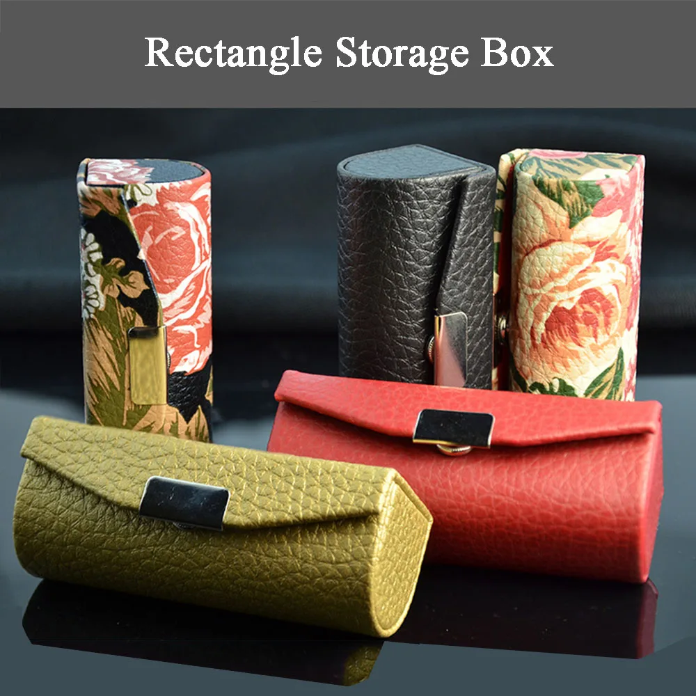 Retro Rectangle Leather Storage Box Stone Seal Wood Metal Name Stamp Case Jewelry Earrings Ring Necklace Holder