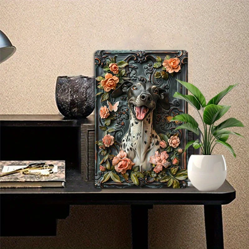 Elegant Dog Aluminum Wall Art - Weather-Resistant Metal Sign with Floral Embellishments for Home & Office Decor