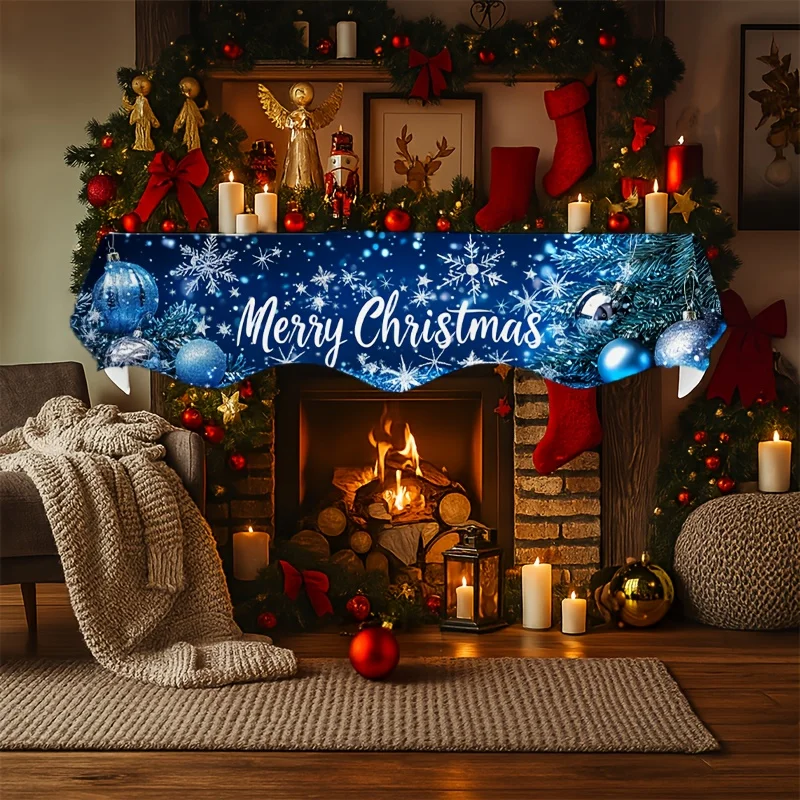 VIKAMA Christmas Fireplace Mantel Scarf Blue Snowflake Bauble Mantel Topper Xmas Fireplace Shelf Cover Winter Home Decor