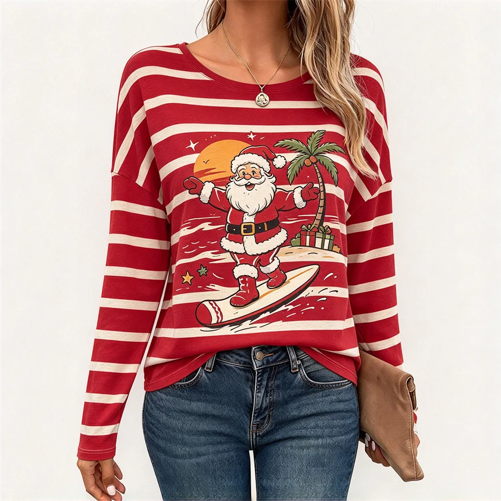Ladies Ugly Christmas Long Sleeve T Shirt Santa Cartoon Striped Spliced Top Winter Xmas Casual Cotton Women Christmas Party Tops