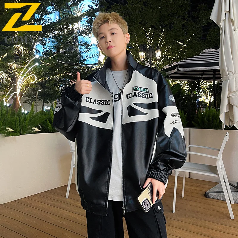 COMXZ 2025 Unisex Leather Jacket Retro Color Block Travel Scratch Resistant Jackets Leisure Stand Collar Windproof Outerwear​