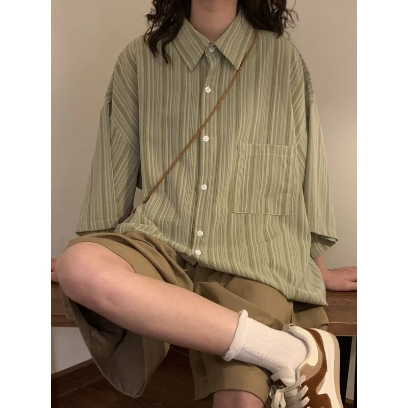 Chiffon Blouse for Women Summer Top Green Striped Short Sleeved Shirt Blouses for Women Fashion 2024 Oversized Shirt Tops Y2k