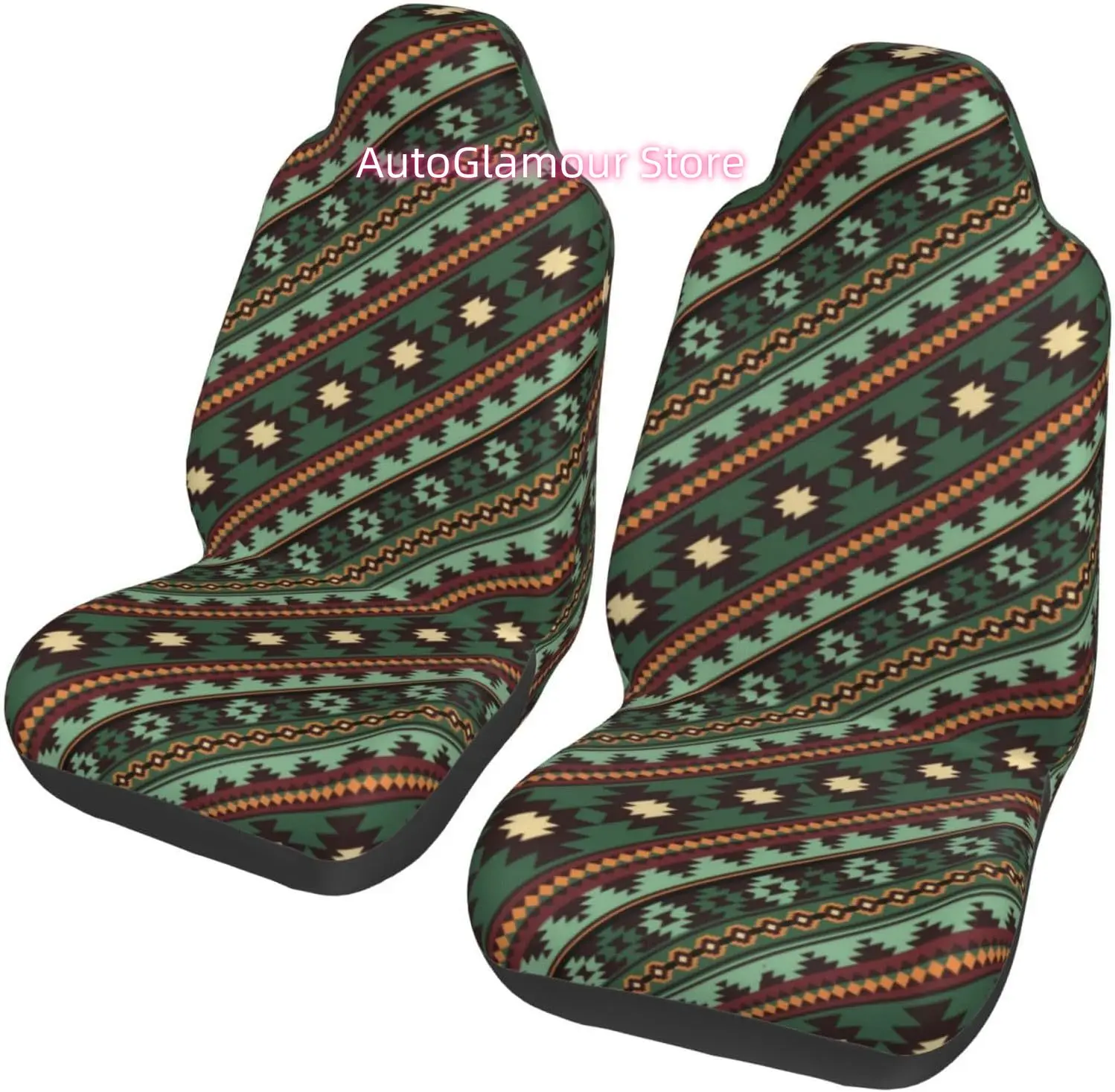 Southwest Tribal Green Brown 2-Piece   Seat Cover Complete Set - Elastic Seat Protection Cover for Cars, Trucks, Su