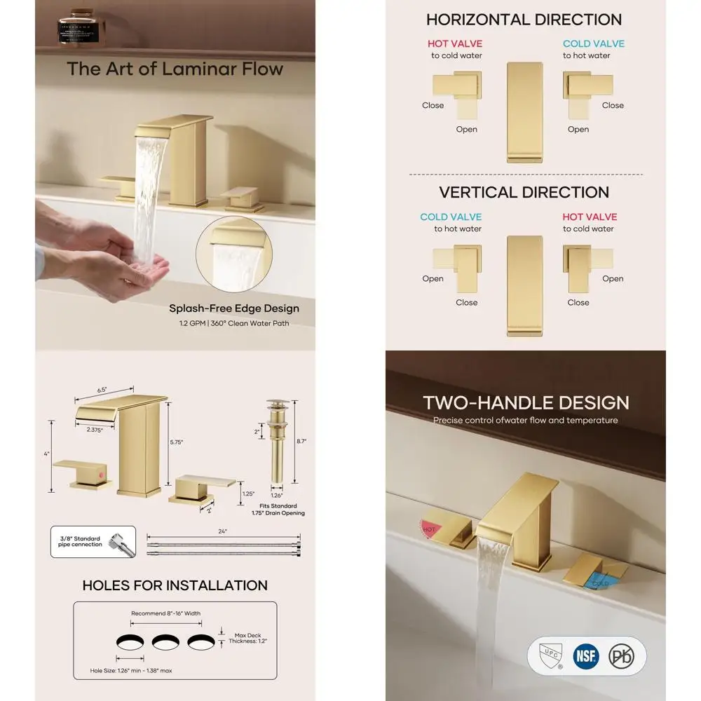 

8 Modern Brushed Gold 3-Hole Widespread Bathroom Faucet Set with Touch Control for Vanity Sink