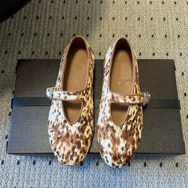 

Round Toe Shoes Woman Flats Casual Female Sneakers Dress Summer New Leopard leopard PU Mary Janes Rubber Spring Buckle Strap Lei