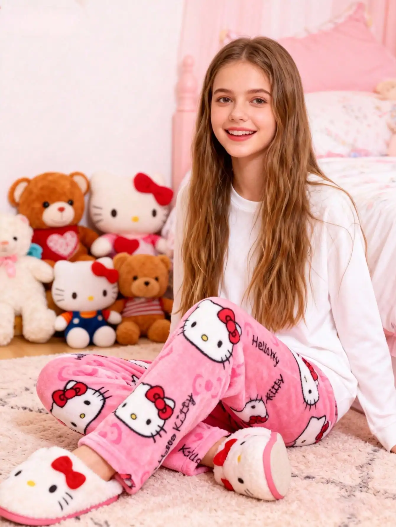 מכנסי בית עבים וחמים מבד פלנל לילדים של סנריו, מכנסי שינה רפויים לבנות עם הדפס חמוד של הלו קיטי.