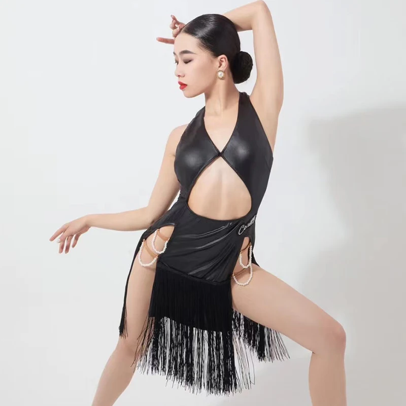 Black Leather Latin Dance Dress Women Competition Clothing Sexy Hollow Out Fringe Dress Rumba Cha Cha Show Dance Costume NV19667