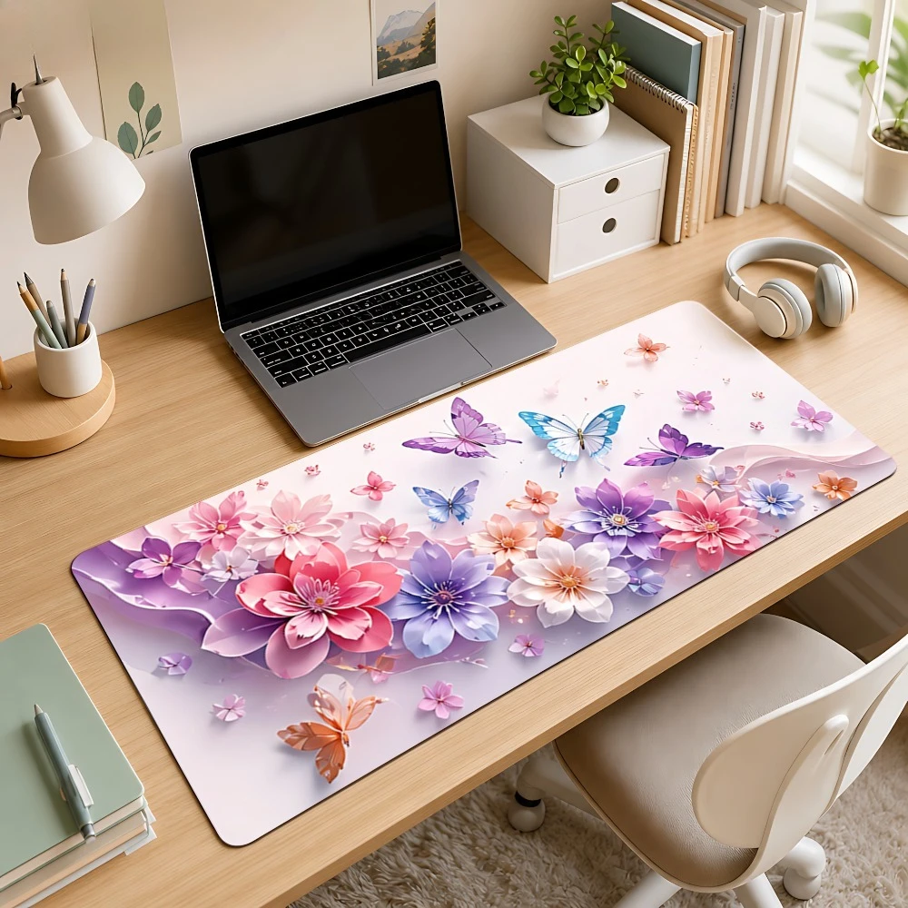 Pink-purple flower butterfly mouse pad, non-slip, suitable for office desks, computer tables, desk decoration accessories