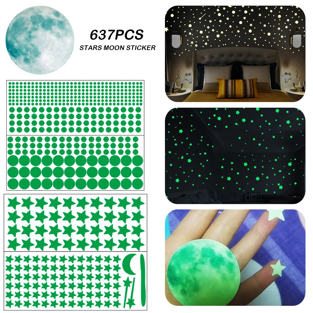 637Pcs Glow in The Dark Stars Stickers Luminous Moon Wall  PVC Fluorescent Decals for Bedroom Party Nursery Wall Decorations