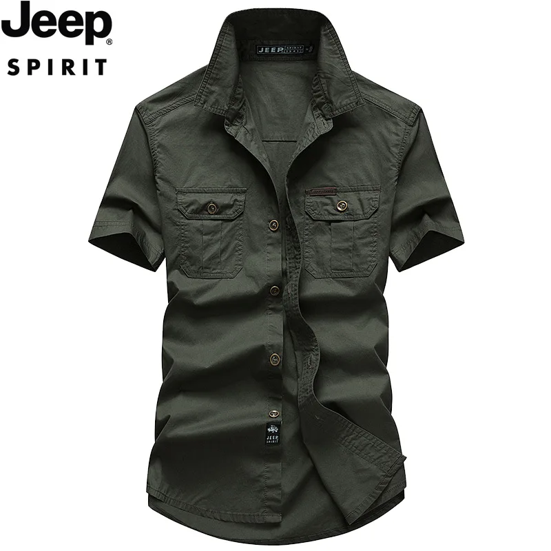 JEEP SPIRIT lente en zomer shirt met korte mouwen heren casual outdoor pocket katoenen ademende effen kleur slanke top met halve mouwen