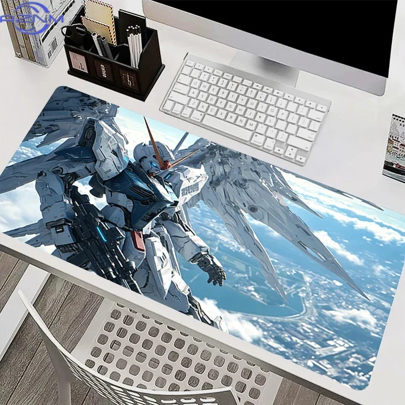 White Text Print Background Blue And White Mecha Robot With Shield Mouse Pad, Rubber Non Slip Backing, Smooth Surface Gaming Des
