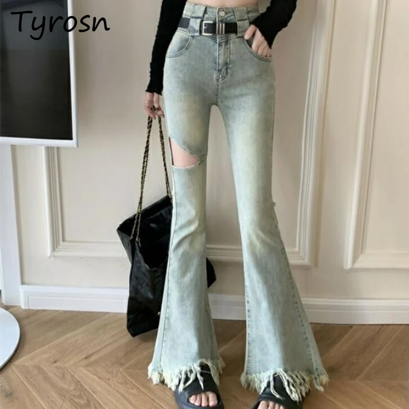 

Jeans Women Hole Denim High Waist Hotsweet High Street Spicy Girls Tassel Y2k Aesthetic Flare Pants Skinny Ruffled Retro Summer