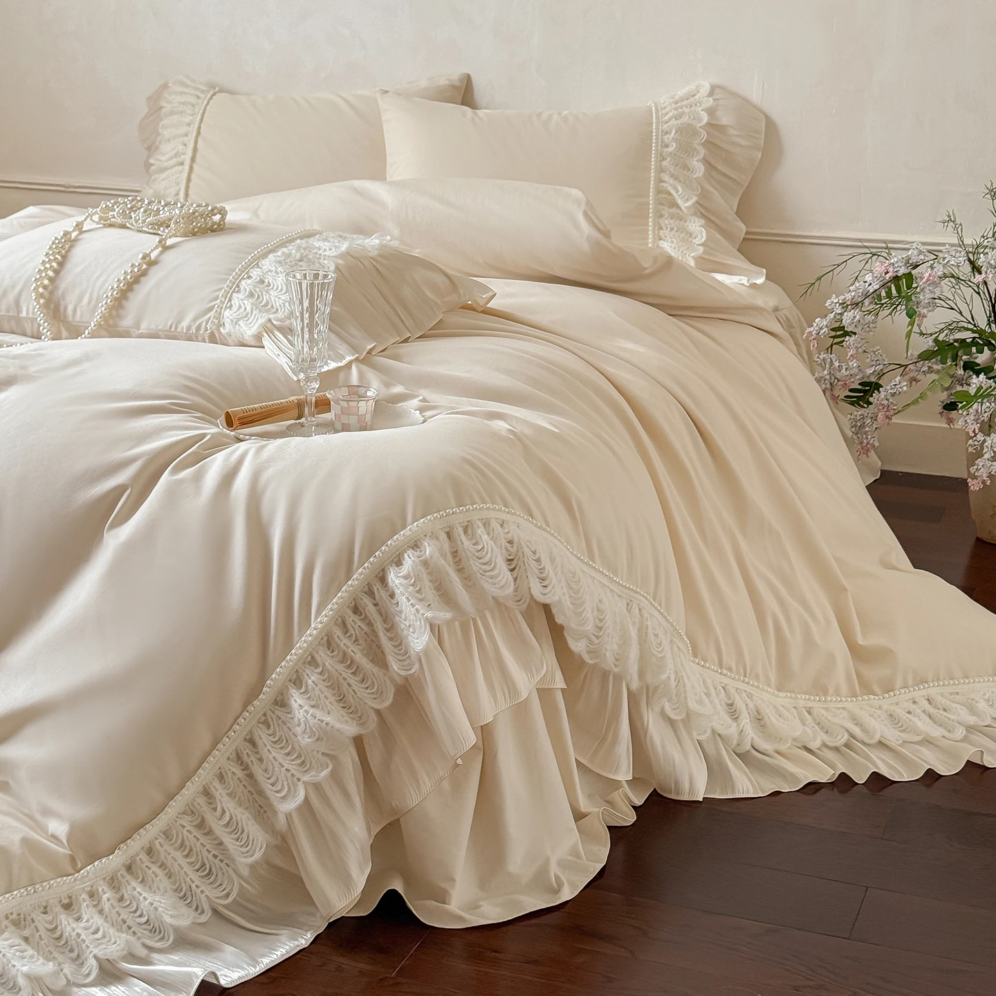 

Luxury French Princess Style 100% Cotton Bedding Set Lace Ruffle Faux Pearl Duvet Cover Set Bed Skirt Pillowcases 4Pcs