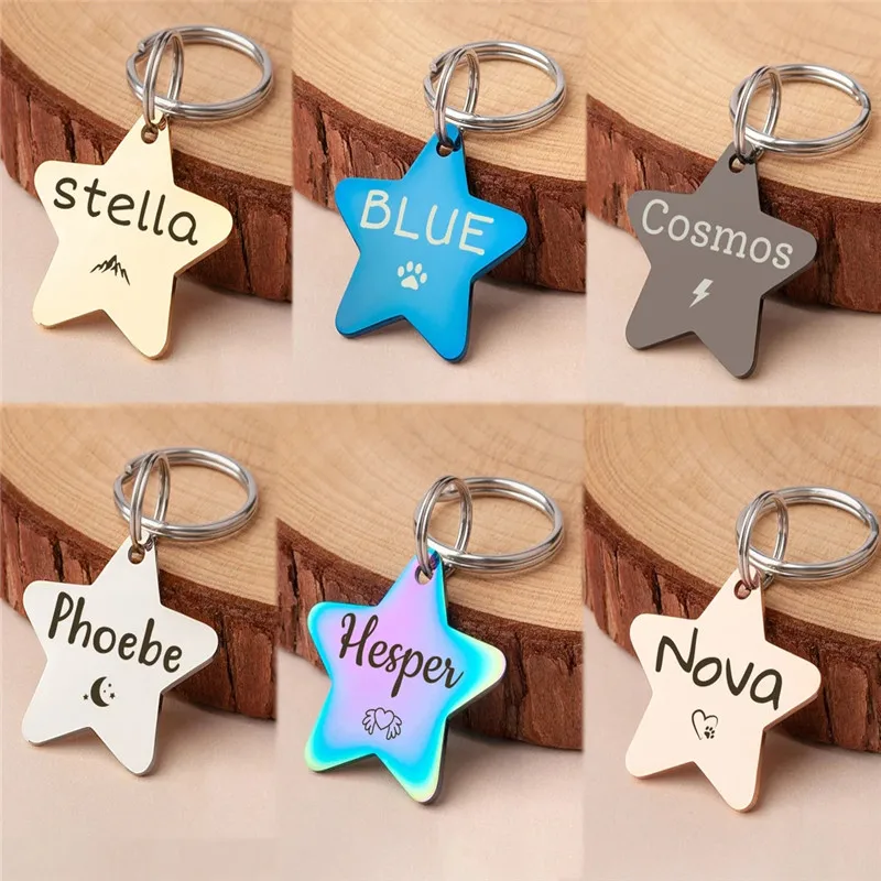 Personalized Dog Cat Tags Engraved on Both Sides Star Shape Stainless Steel Pet ID Pendants Custom Nameplate for Kitten Puppy